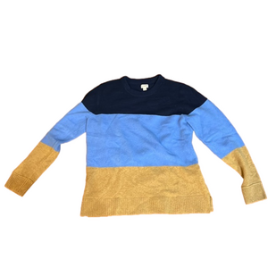 size L, J.Crew, blue, navy and tan warm soft sweater